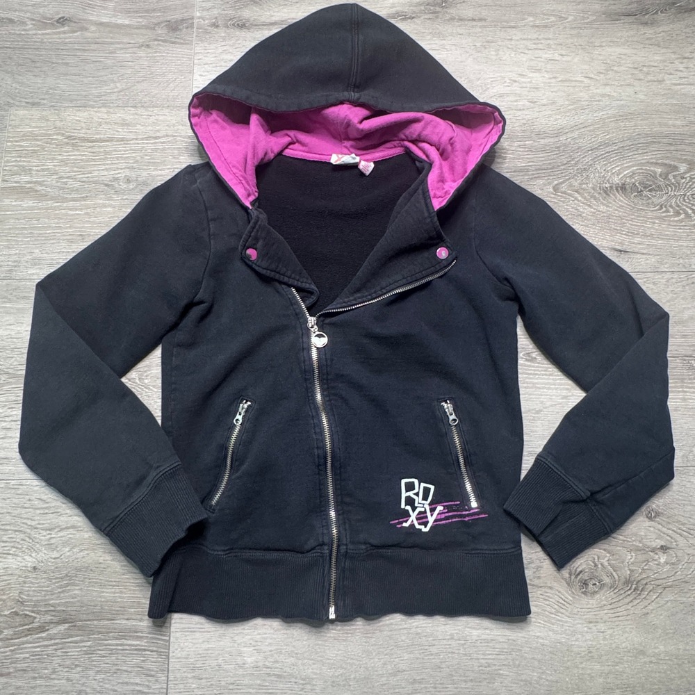 Roxy Y2K Black Asymmetrical Zip Hoodie Pink Graphic‎ Print Sweatshirt XSmall